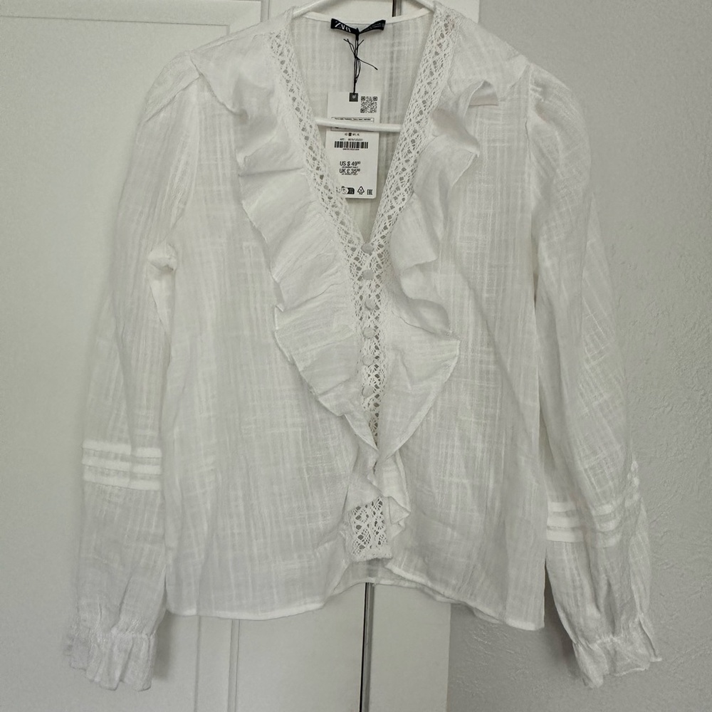 Zara White Linen Ruffle Blouse